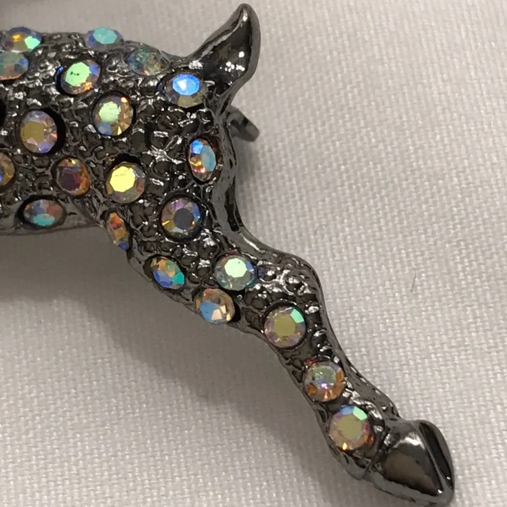 OTC deer brooch, beautiful iridescent rhinestones, 1 1/2 in length